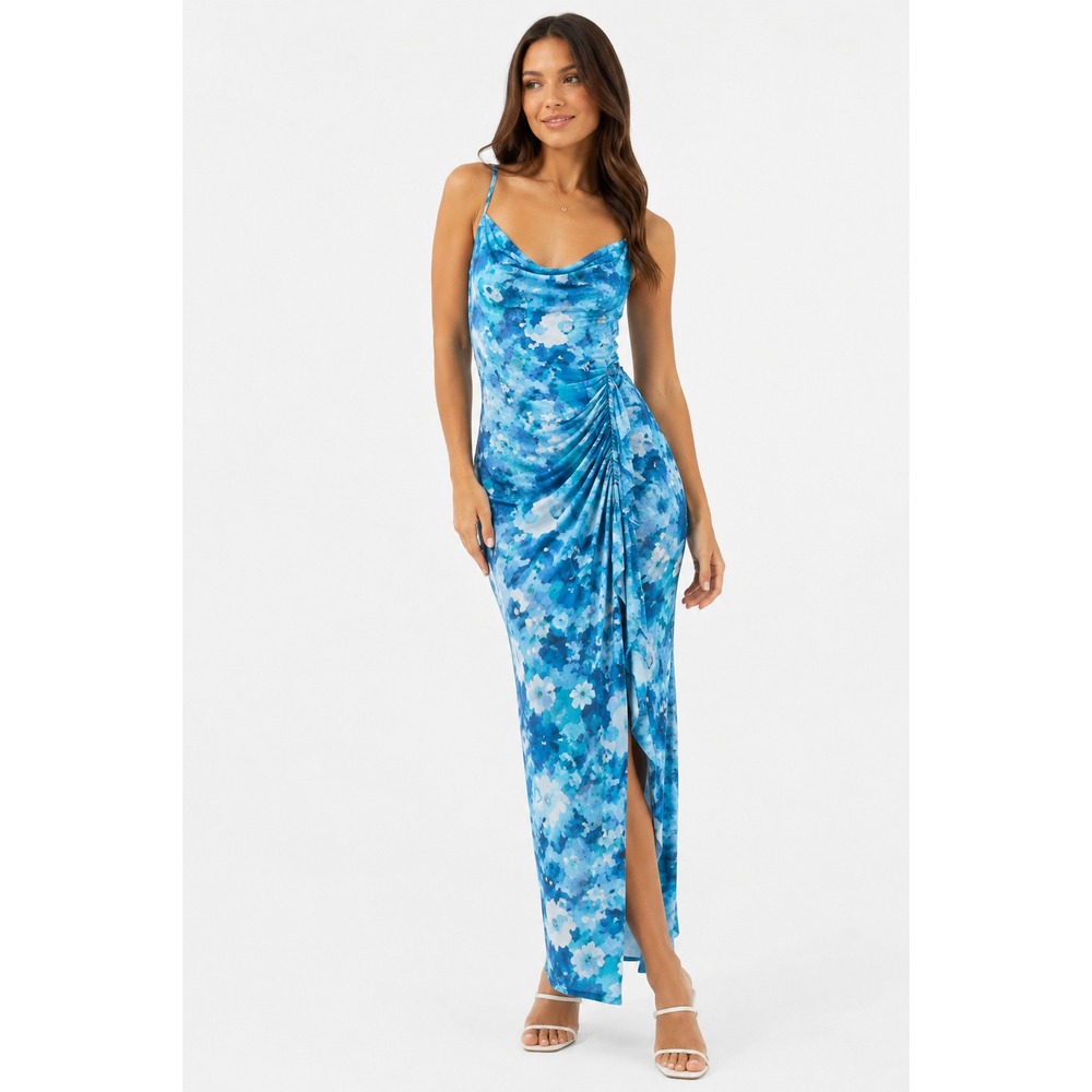 Persaya Blue Tie Dye Mesh Cowl Neck Maxi Dress XL Adjustable Straps Teal NWT